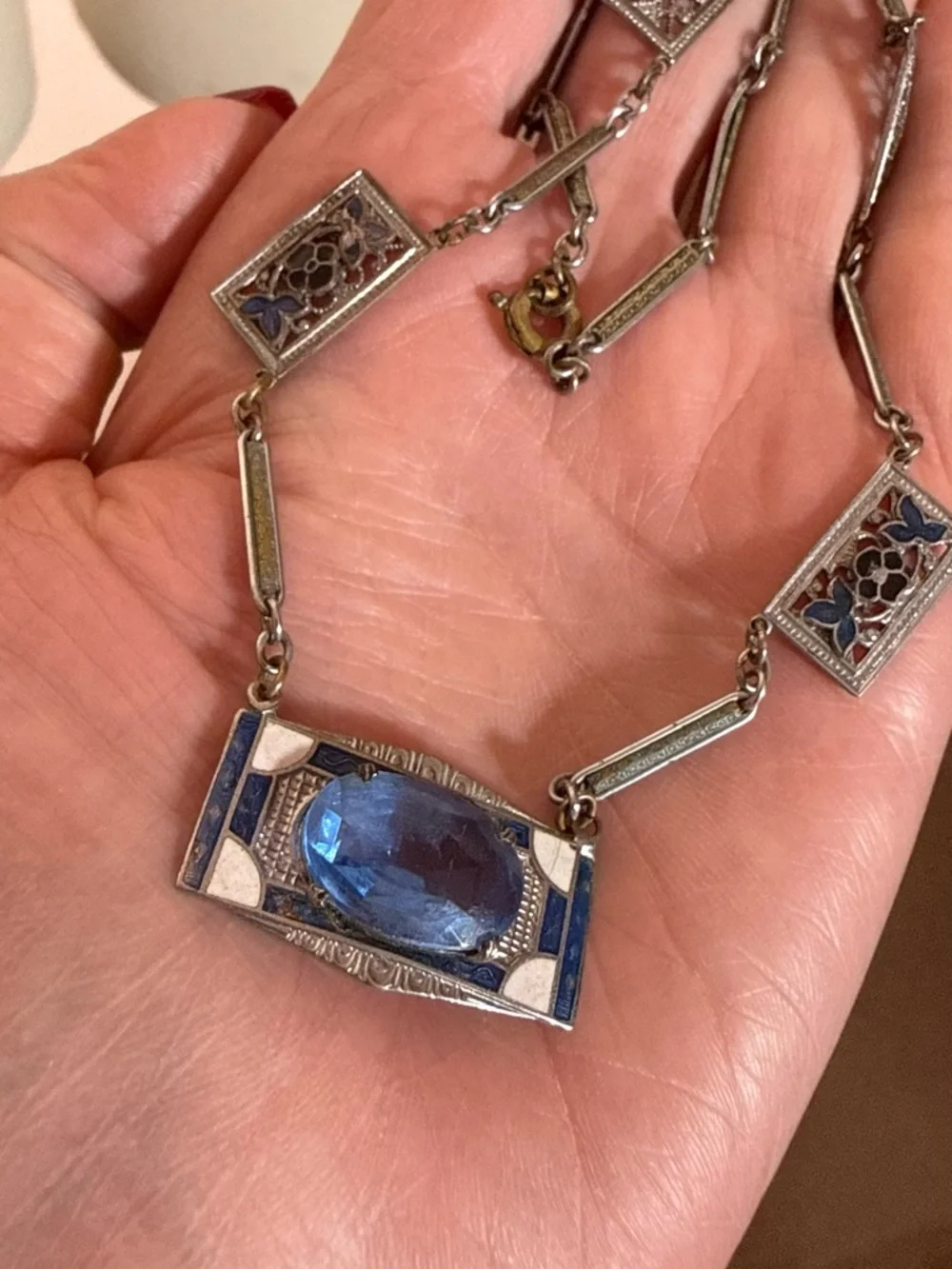 Antique Art Deco 1920 Blue Checho Glass Guilloche enamel choker Necklace - Picture 6 of 17
